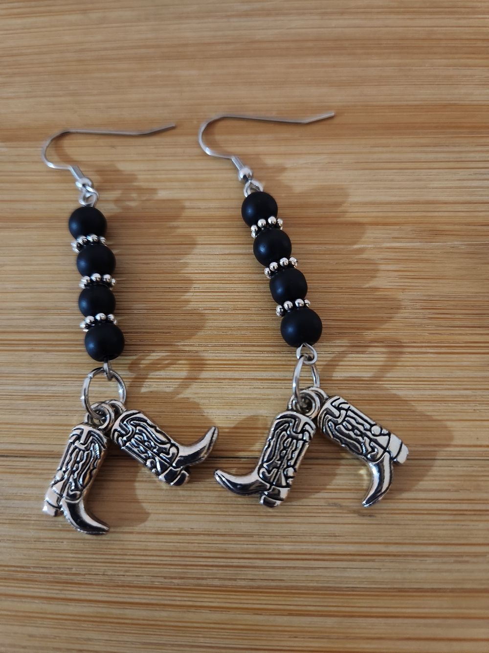 Hand Crafted Black and Silver Cowboy Boot Dangle Earrings